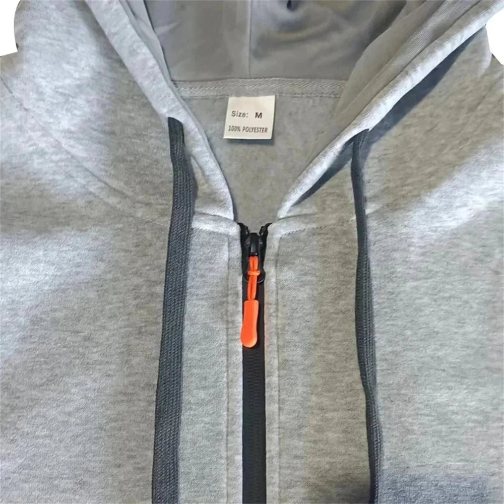 A two-piece outdoor fashion jogging and fitness set for men in autumn and winter, featuring a hooded sweatshirt and casual pants