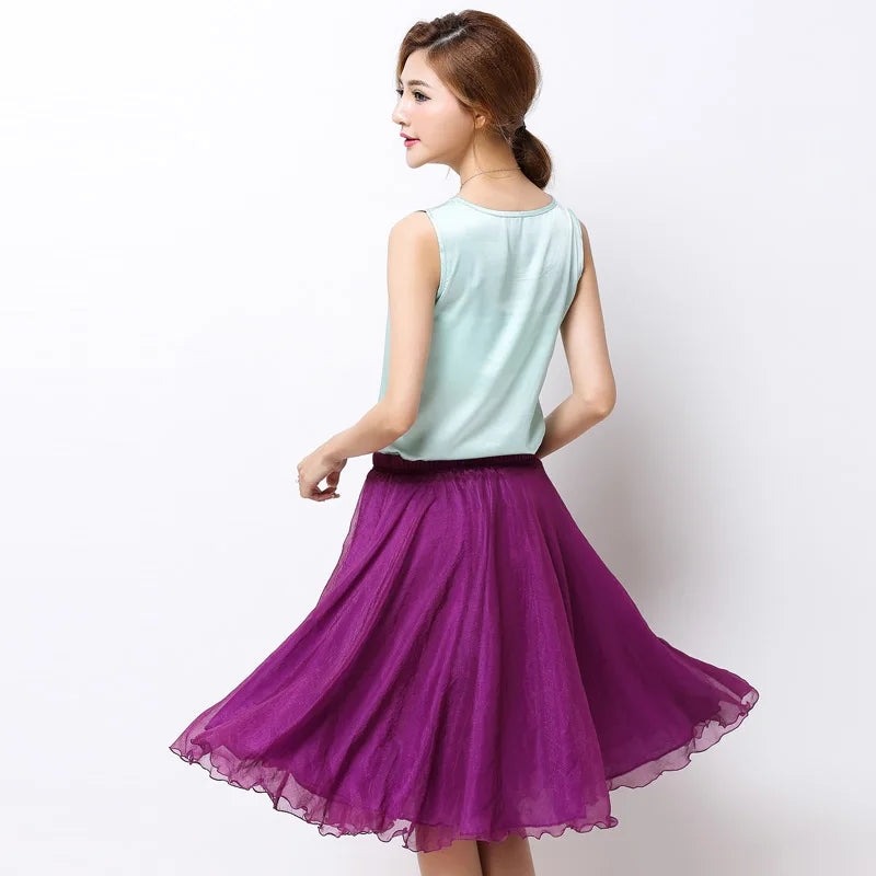 Summer Women Silk Tutu Skirts Chiffon Pleated Dance Beach Wedding Party Skirt Black White Elastic High Waist Midi Skirts