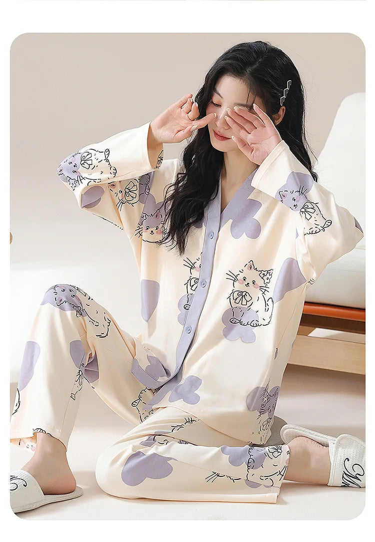 Y2k Women's 100% POLYESTER Pajamas with Cartoon Print Korean Fresh Ins Style Harajuku Lounges 2pcs 2024 New Spring/fall Homewear