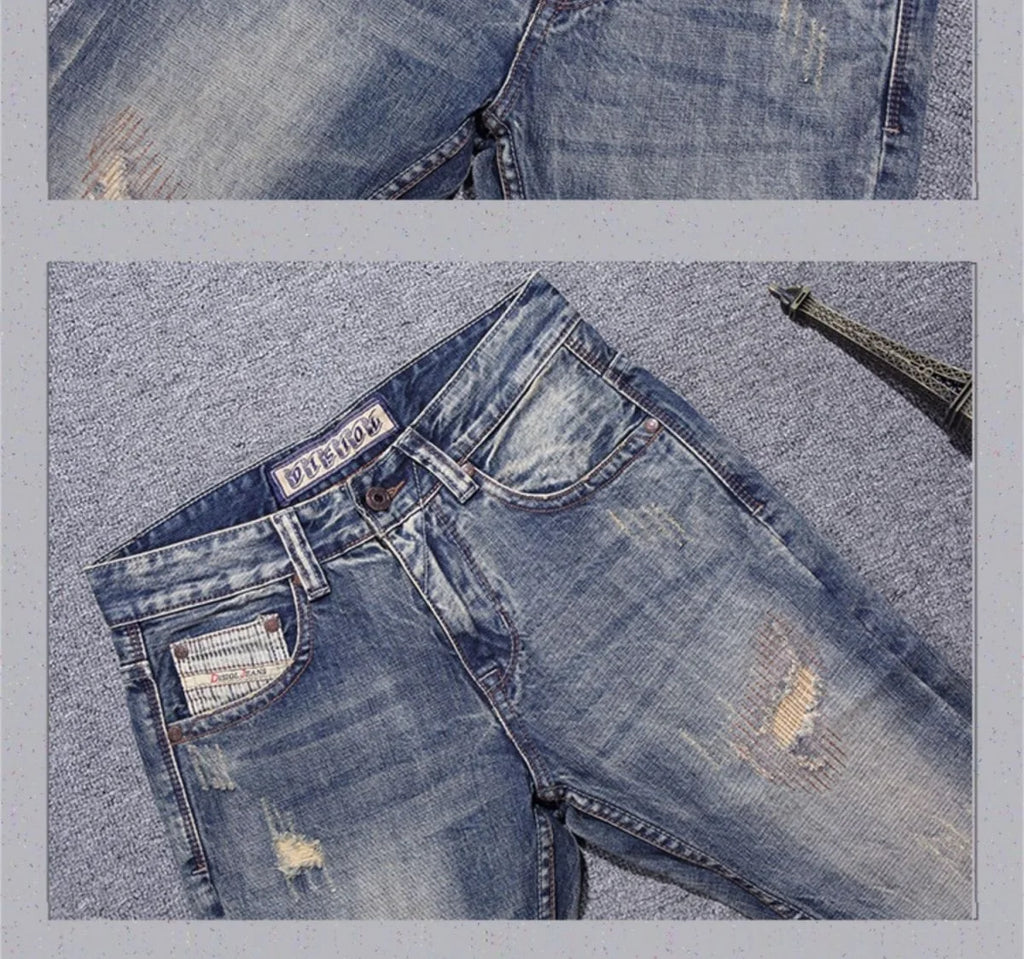 2023 Spring and Autumn New Classic Fashion Solid Color Ripped Small Foot Pants Men's Casual Comfort Elastic High Quality Jeans