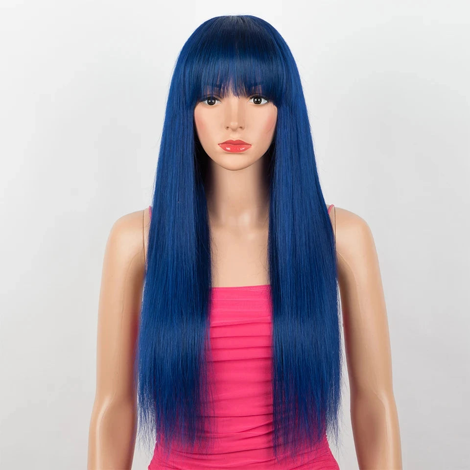 Brazilian Straight Human Hair Wig With Bangs Royal Blue Wear To Go Glueless 100% Remy Human Hair Wigs Full Machine Wig For Women