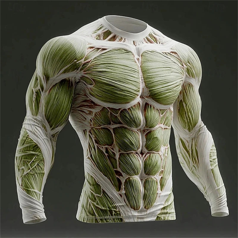 2026 New Men's Creative Muscle Texture Print T-Shirt Quick-Dry Crew Neck Long Sleeve Top Men's Casual Long Sleeve Pullover