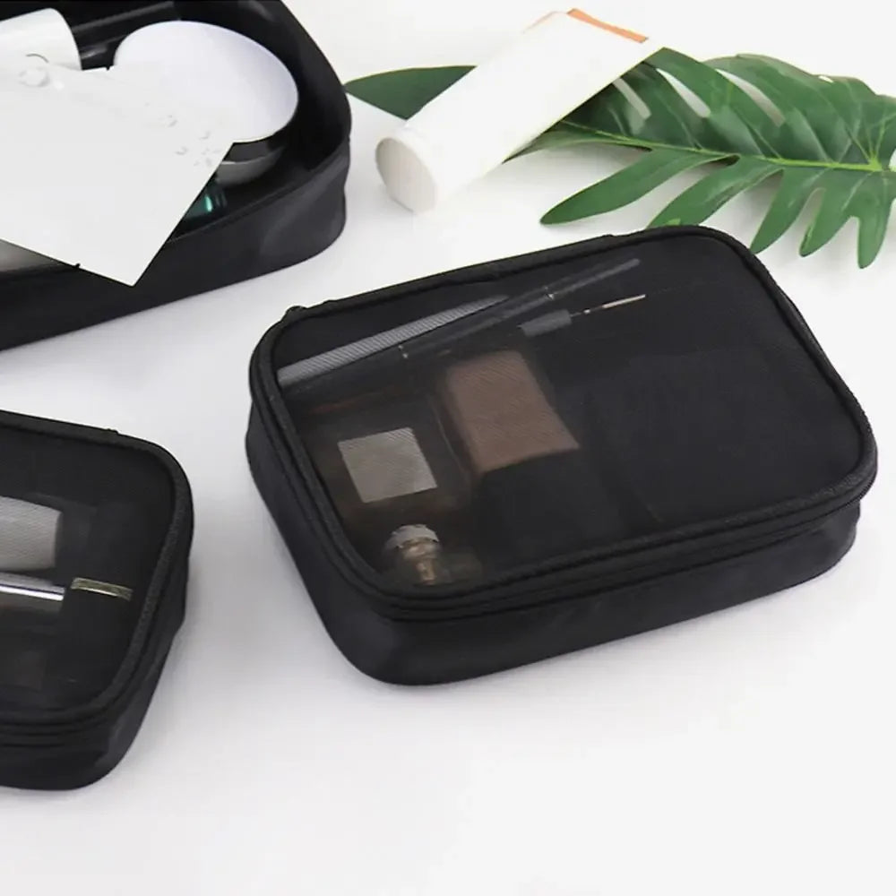 Women Makeup Bag Women Solid Color Zipper Cosmetic Bag Mesh Transparent Casual Travel Portable Mini Wash Storage Bags