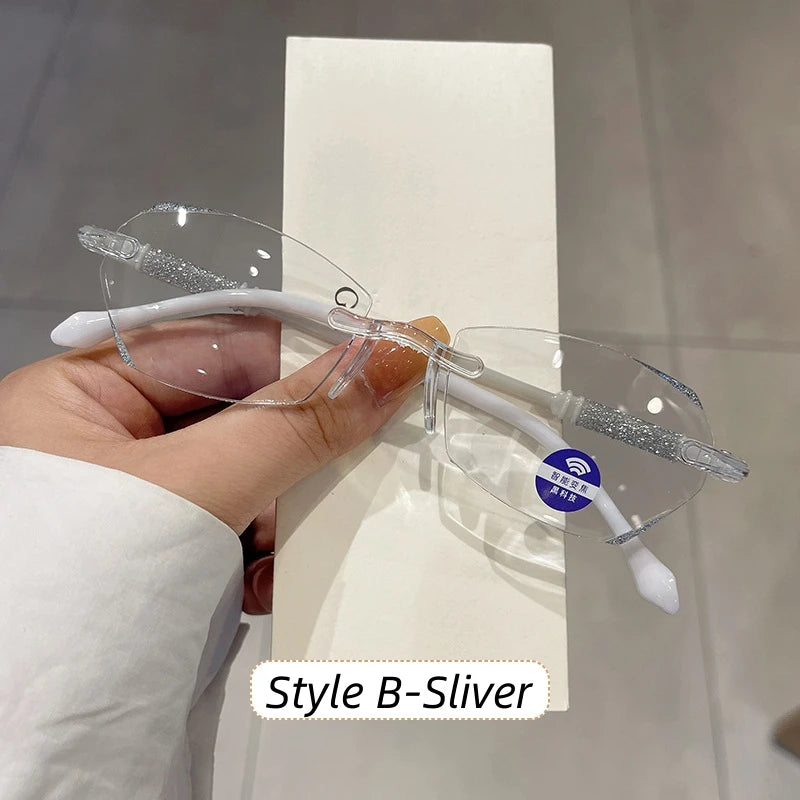 High Definition Lens Reading Glasses Women's Trendy Rimless Anti Blue Light Farsighted Eyewear Prescription Diopter Eyeglasses