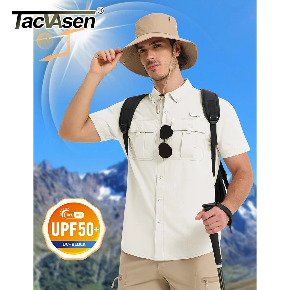TACVASEN Men‘s Short Sleeve Sun Protection Shirt UPF 50+ Lightweight Quick Dry Fishing Hiking UV Shirt with Pockets for Men