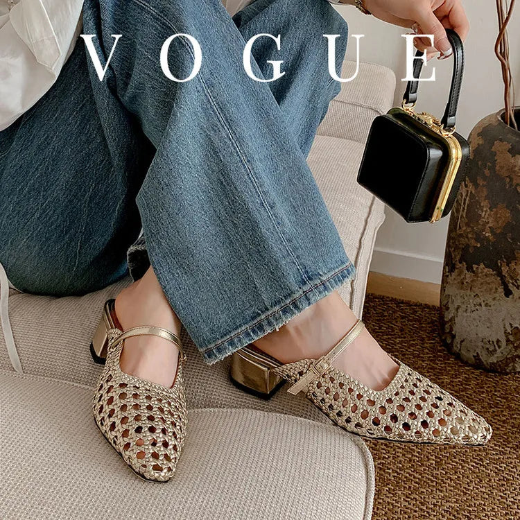 NEW Summer Women Mules Fabric Shoes for Women Pointed Toe Chunky Heel Shoes Cover Toe Slingback Shoes Soft Hollow Modern Sandals