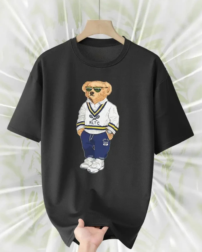 Men's Fashion Loose Round Neck T-shirt Casual Street Style with Teddy Bear Graphic Printed Short Sleeve Perfect Gift for Him