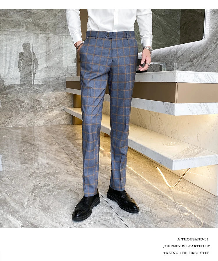 2025 New Burgundy Navy Plaid Casual Suit Pants for Men, Beige/Blue Vertical Stripe Non-Iron Slim Small Leg Work Trousers Men