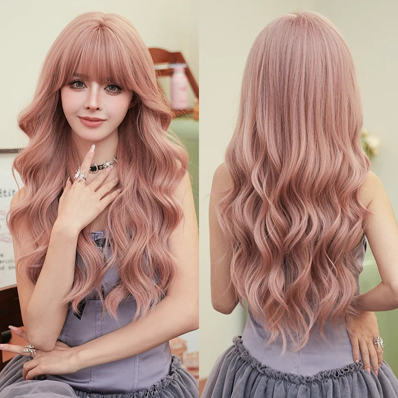 7JHH WIGS Body Wavy Wig Long Loose Curly Brown Wig for Women Daily Use High Density Synthetic Layered Hair Wigs with Bangs