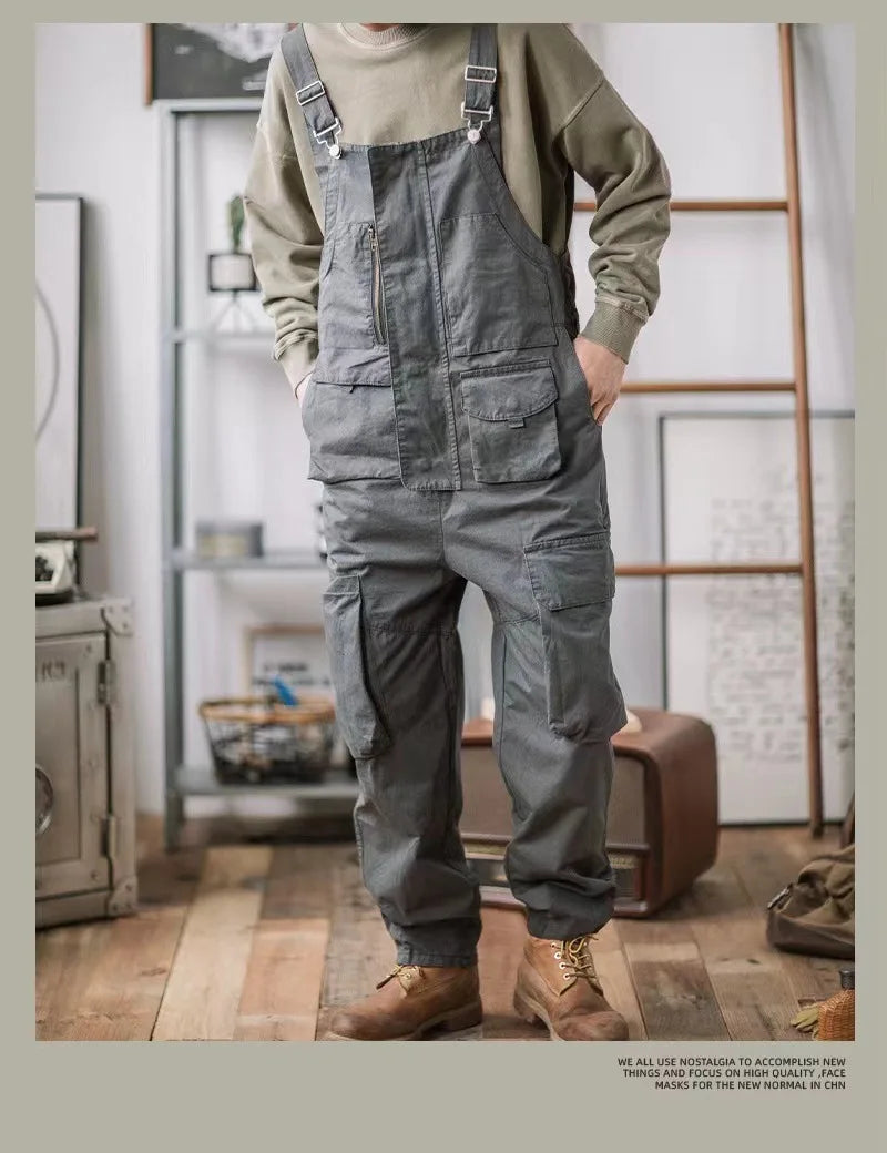 Retro American Cotton Overalls Loose Jumpsuit Men's Cargo Pants Men Suspenders Bibs Four Seasons Full Length Baggy Pants