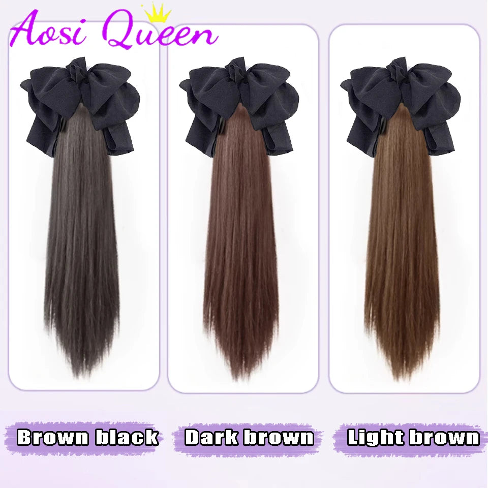 AOSI Synthetic Bow Wig Ponytail Female Clamping Style Long Straight Hair High Ponytail Long Hair Braided Straight Ponytail