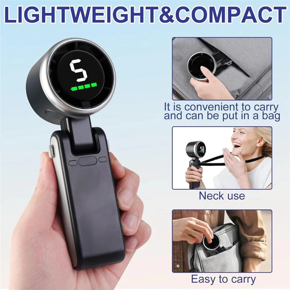 MEUYAG Portable 3-in-1 Turbo Handheld Fan, 5 High-Speed Settings, 3600mAh Power, Digital Screen, Foldable USB/Type-C Charge