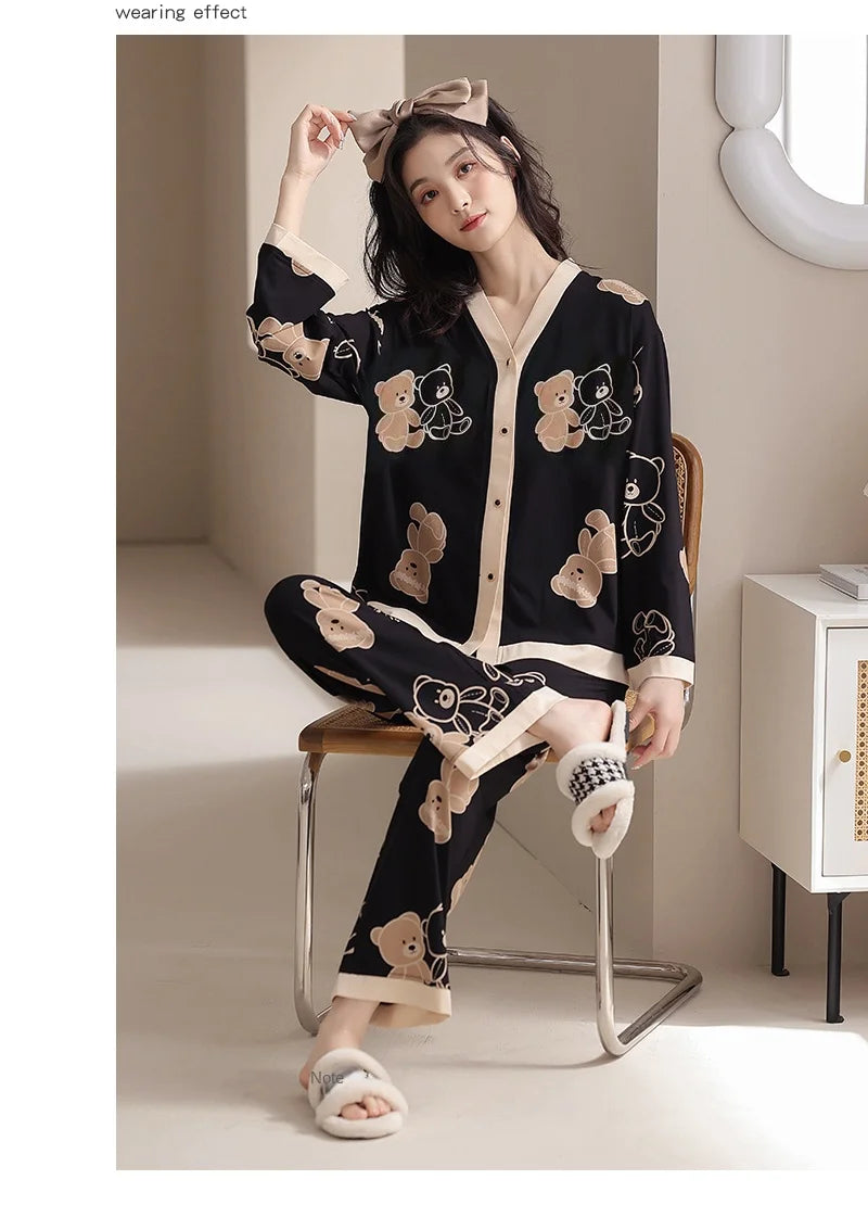 Y2k Women's 100% POLYESTER Pajamas with Cartoon Print Korean Fresh Ins Style Harajuku Lounges 2pcs 2024 New Spring/fall Homewear