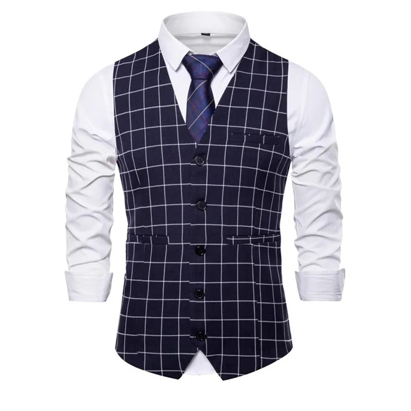 New Men Business Social Checkered Suit Vest Loose Top Homme Wedding Ball Party Dress Waistcoat