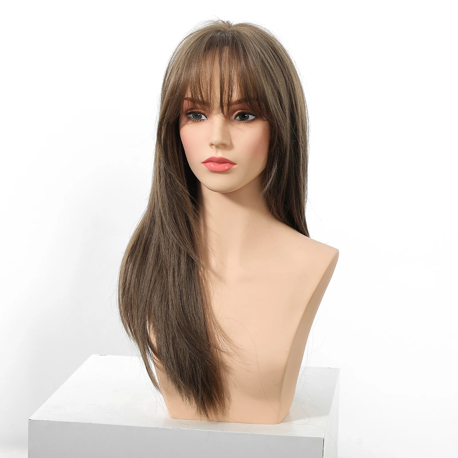 EASIHAIR Brown Straight Layered Wigs for Women Long Natural Hair Synthetic Wigs With Bangs Daily Use Party Heat Resistant Wigs