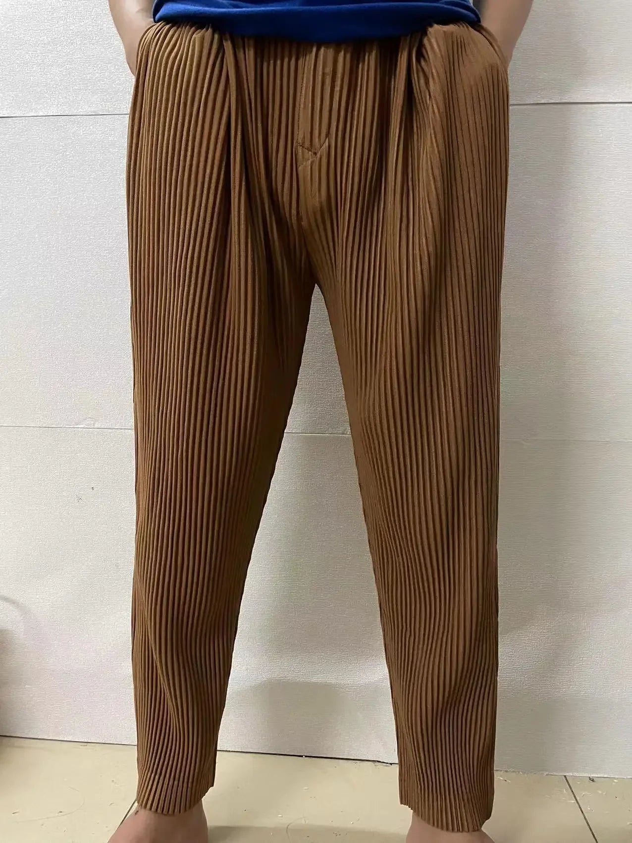 Pleats Pleated Commuter Pants Men's 2024 Autumn New Draped Elastic Trousers Casual Japanese Men Solid Color Nine Minute Pants
