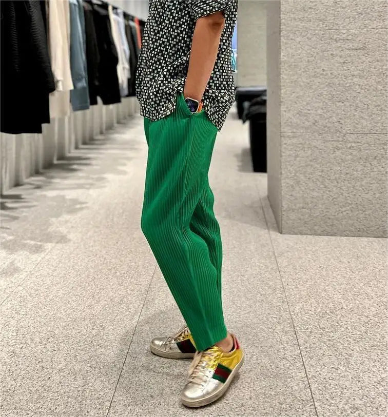 Pleats Pleated Commuter Pants Men's 2024 Autumn New Draped Elastic Trousers Casual Japanese Men Solid Color Nine Minute Pants