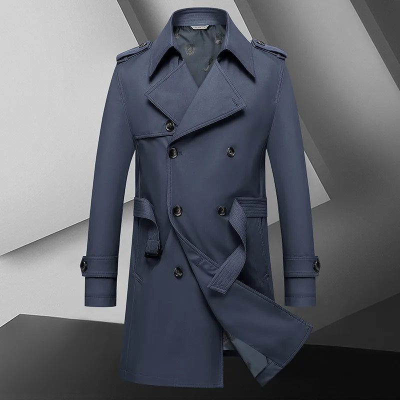 Spring Autumn New Fashion Men's Solid Color Simple Casual Trendy Double-breasted Long Sleeve Plus Size Trench Male Coat Clothes