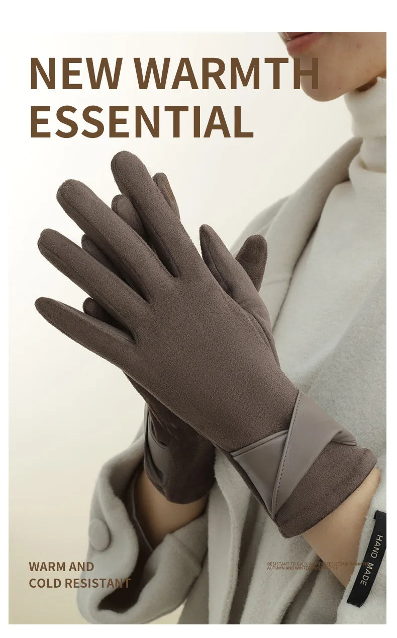 New Suede Gloves for Women Winter Plus Velvet Warm Commercial Style Temperament Bow Touch Screen Riding Driving