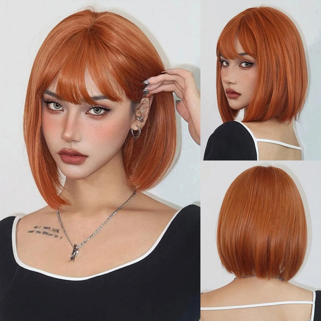 GEMMA Dark Brown Bob Synthetic Natural Hair Wig with Fluffy Bangs for Women Short Straight Wigs Heat Resistant Daily Cosplay Wig