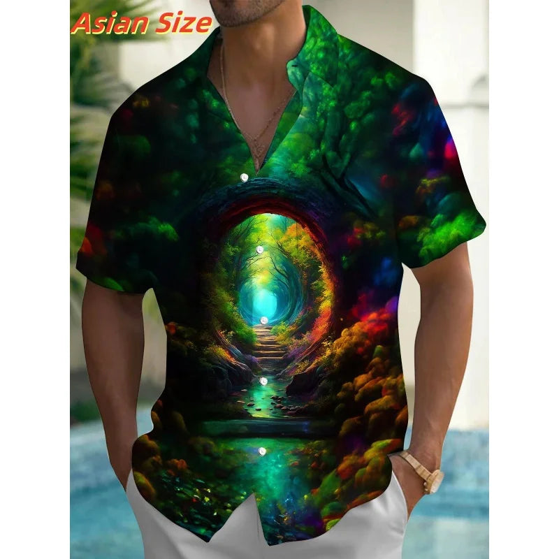 Dreamy Village Pattern Lapel Shirt For Men Flower Bird Boat 3D Printed Hawaiian Shirts Fashion Short Sleeve Tops Button Blouse