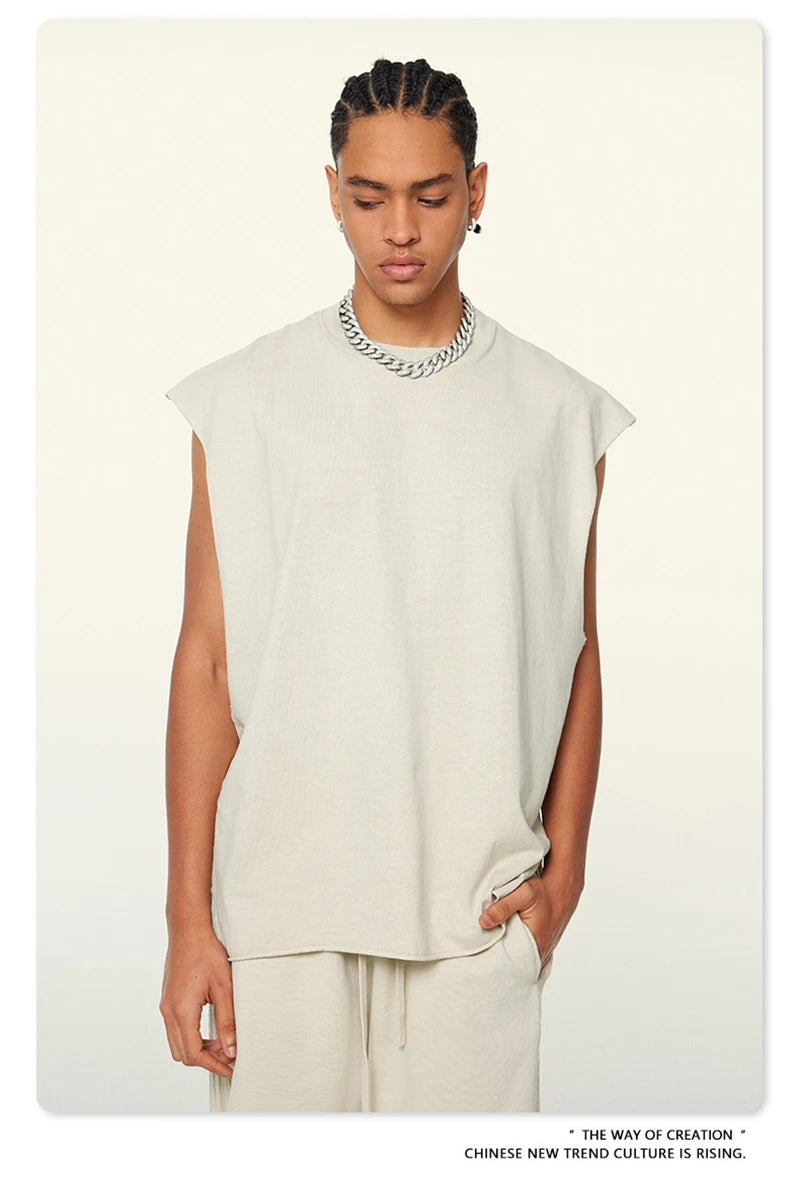 ZODF Vintage 2024 Washed 270gsm Cotton Tank Tops For Men Unisex Summer Relax Fit Slit Sleeveless Vest Streetwears HY0777