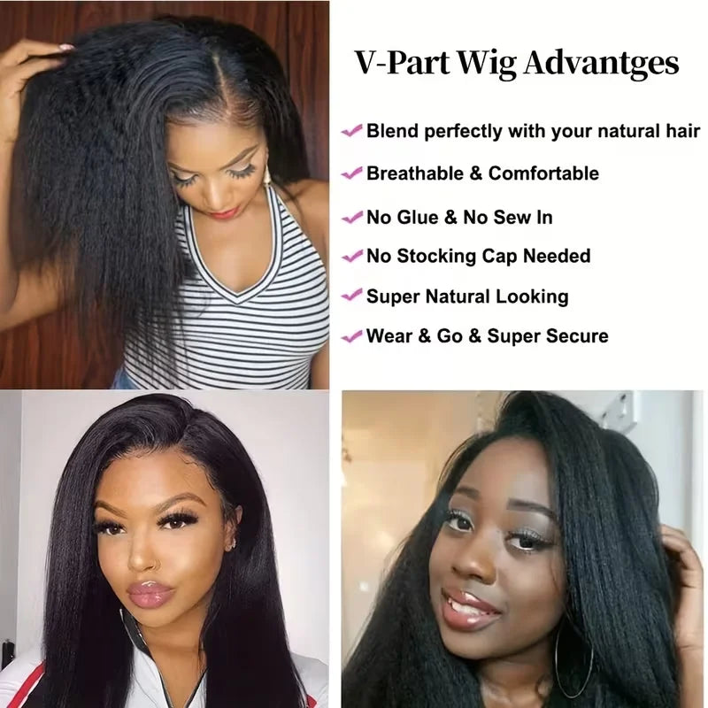 FRIZIRA kinky Straight V Part Brazilian Virgin Human Hair Wigs Glueless Upgrade U Part Wig Glueless V Shape Wig Natural Black