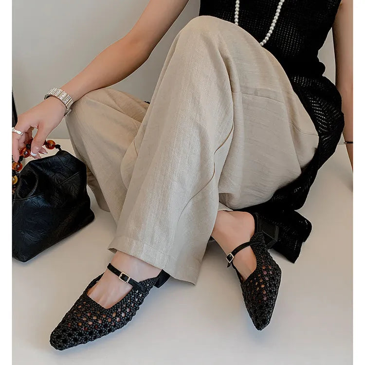 NEW Summer Women Mules Fabric Shoes for Women Pointed Toe Chunky Heel Shoes Cover Toe Slingback Shoes Soft Hollow Modern Sandals
