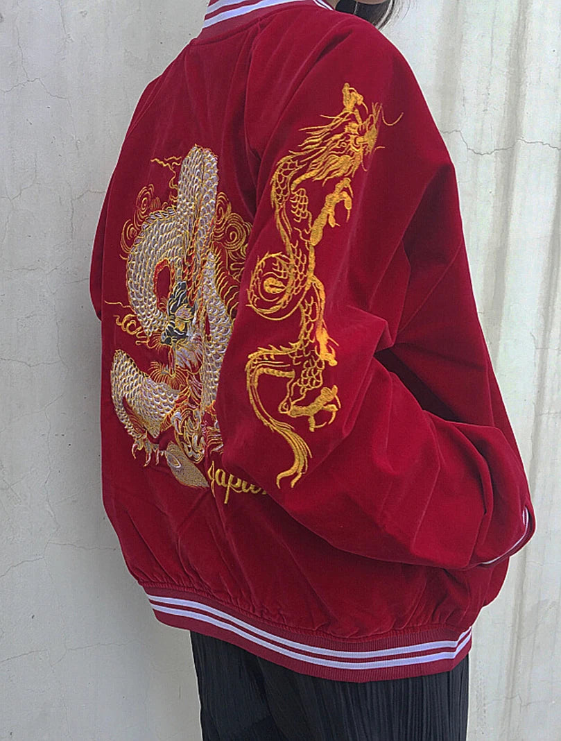 Unisex Spring Autumn Velveteen Baseball Jacket Men Women Luxury Sukajan Dragon Embroidery Bomber Coat Japanese 2026 Z1
