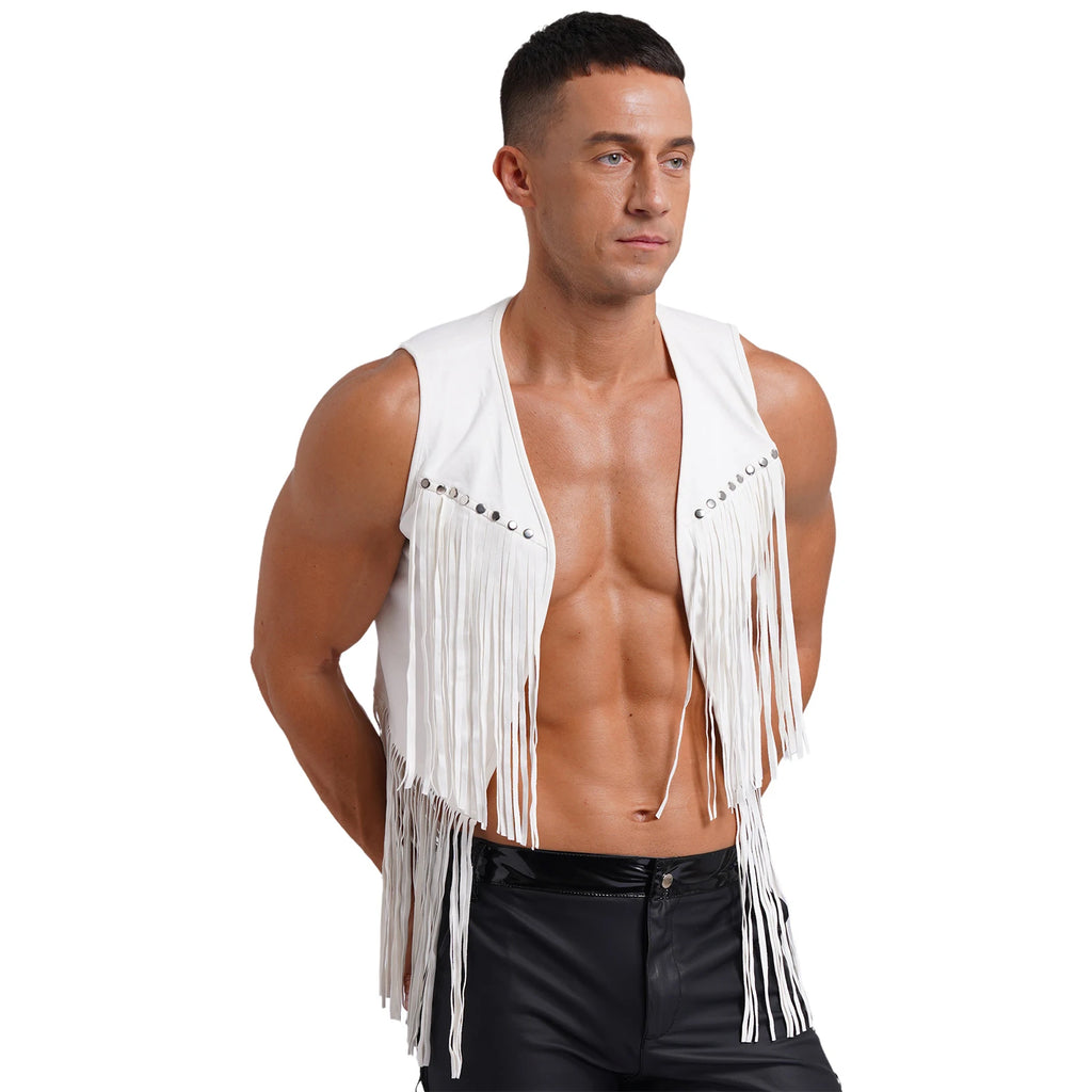 Mens Faux Suede Tassel Vest Coat Punk Western Cowboy Costume Fashion Rivets Fringe Waistcoat Open Front Sleeveless Jacket Tops