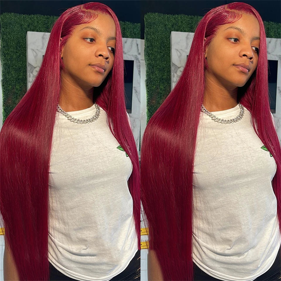 250 Density 99J Burgundy 13x6 Lace Frontal Human Hair Wigs Brazilian Colored 30 40 Inch Straight Red Lace Front Wigs Human Hair