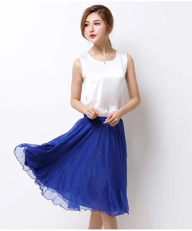 Summer Women Silk Tutu Skirts Chiffon Pleated Dance Beach Wedding Party Skirt Black White Elastic High Waist Midi Skirts