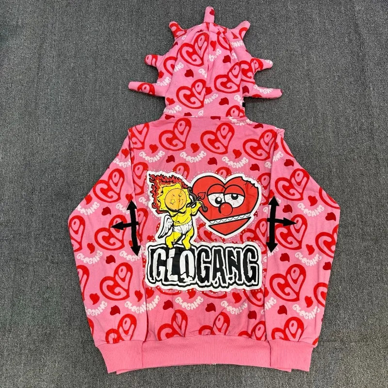 Unisex Glo Gang Zip Hoodie Cartoon Graphic Print Street Style Cozy Casual Wear