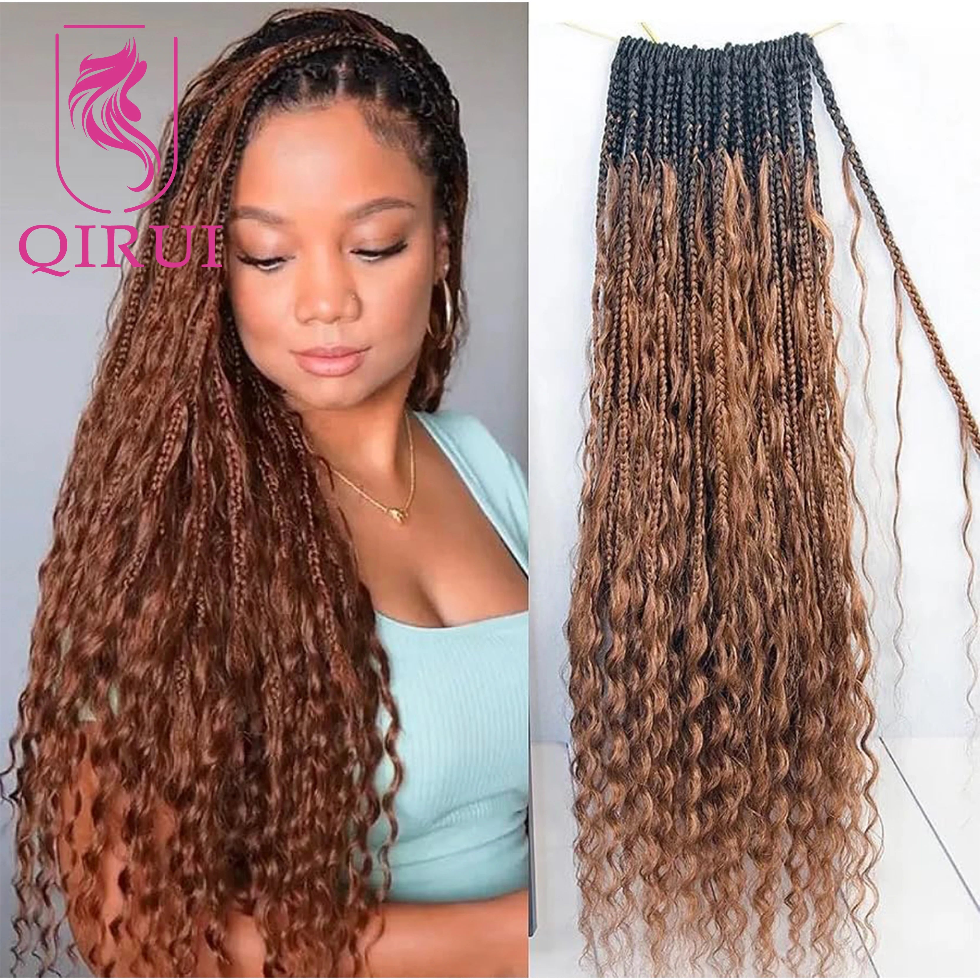 Ombre Brown #1B/30 Boho Crochet Box Braids with Human Hair Curls Deep Wave Pre Looped Box Braids Full Ends Hair Extensions