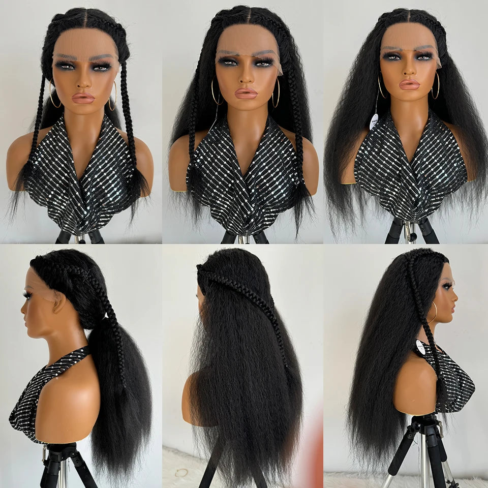 Kinky Straight Lace Front Wig T-Part 28Inch Synthetic 13x5x1 Long Lace Wigs Afro Yaki Straight Wigs Ombre Brown For Black Women