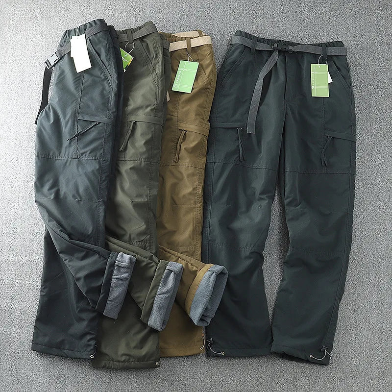 6XL Thick Waterproof Warm Fleece Cargo Pants Men Winter Outdoor Plus Velvet Multi-pockets Loose Straight Casual Overall Trousers