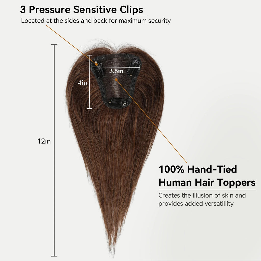 Chocolate Brown Remy Human Hair Toppers 12inches Straight Topper Lace Base Clips in Hair Human Hair Pieces Extensions for Women