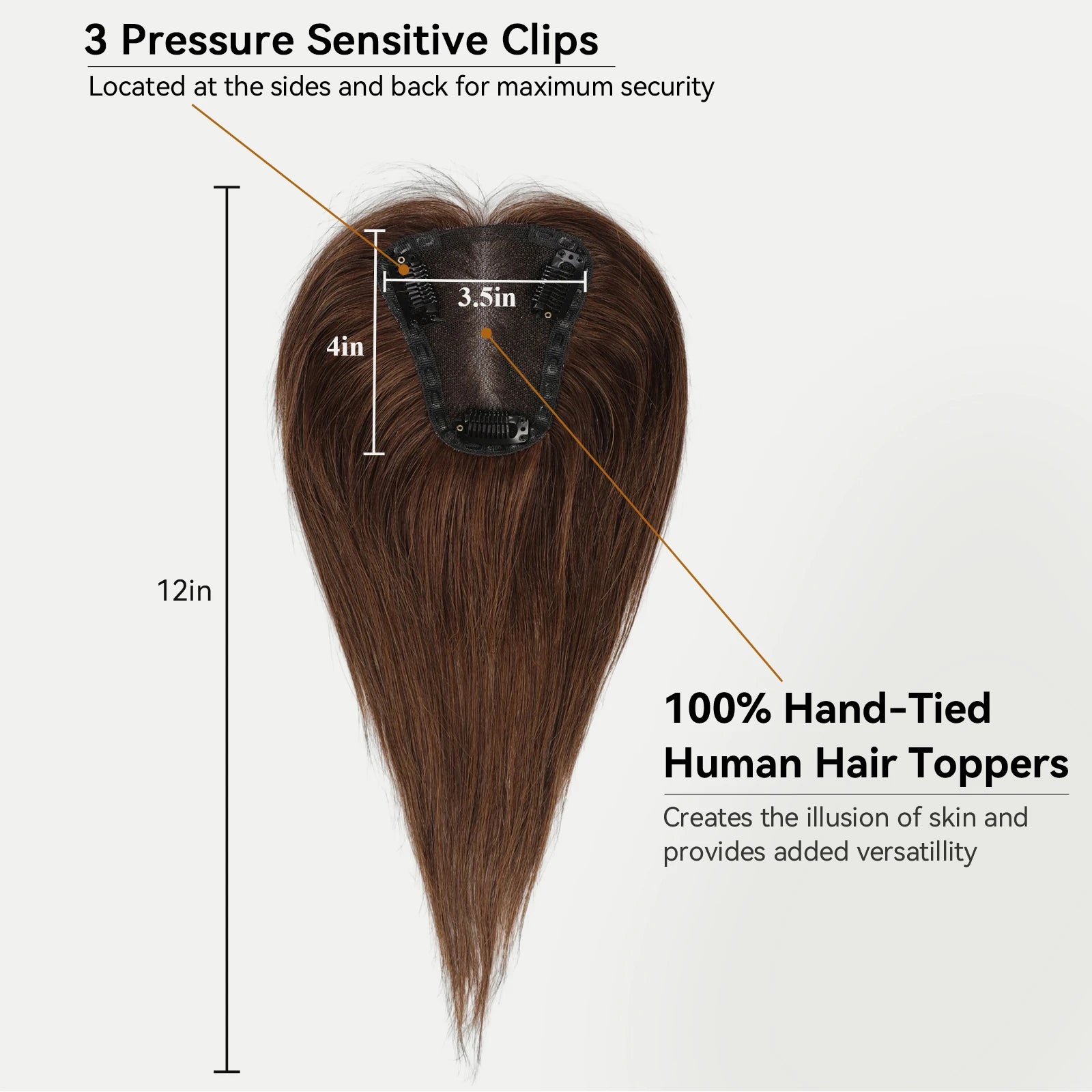 Chocolate Brown Remy Human Hair Toppers 12inches Straight Topper Lace Base Clips in Hair Human Hair Pieces Extensions for Women