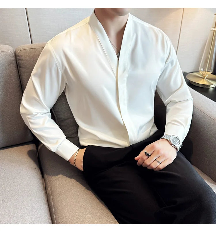 High Quality Collarless Shirts Men Fashion Slim Fit Long Sleeve Casual Shirts Business Office Social Formal Shirt Men Clothig
