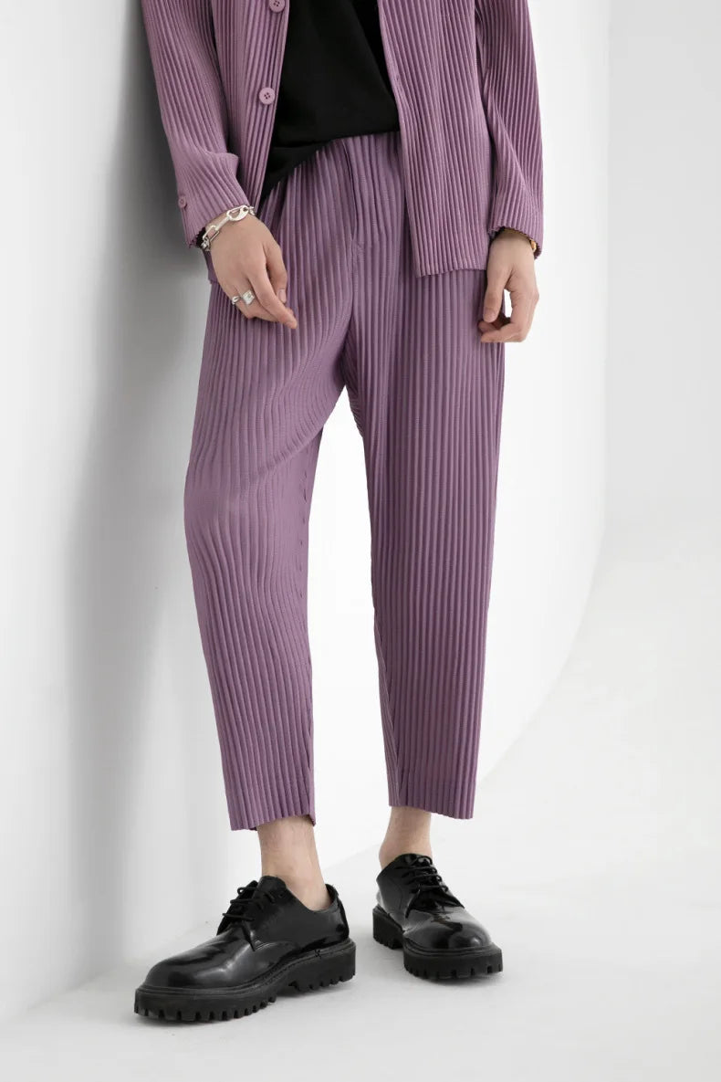 Pleats Pleated Commuter Pants Men's 2024 Autumn New Draped Elastic Trousers Casual Japanese Men Solid Color Nine Minute Pants