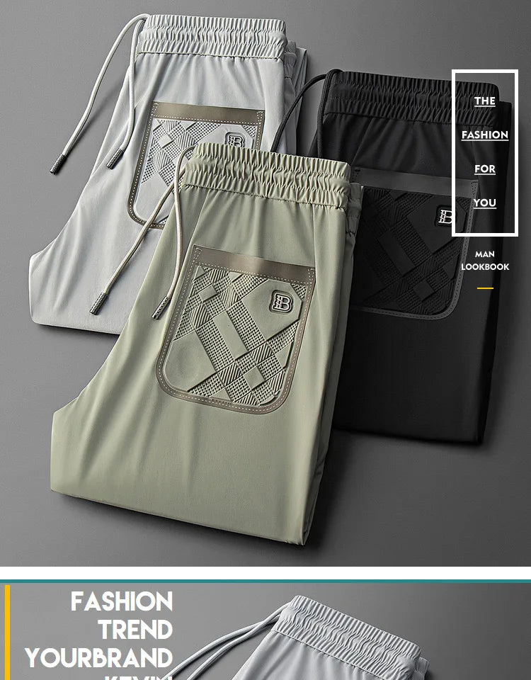 High end brand men's fashionable embroidered casual pants 2024 summer new cool silk breathable luxury solid color sports pants