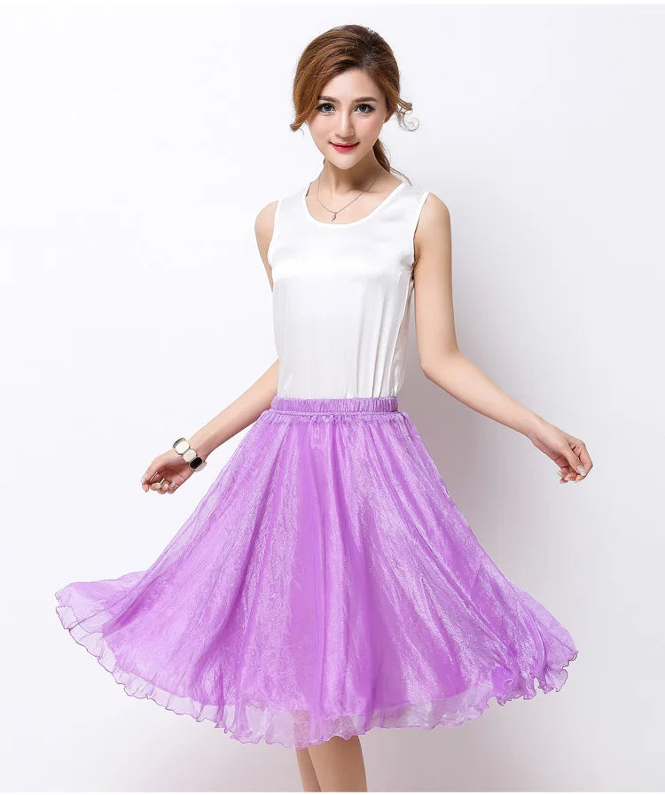 Summer Women Silk Tutu Skirts Chiffon Pleated Dance Beach Wedding Party Skirt Black White Elastic High Waist Midi Skirts