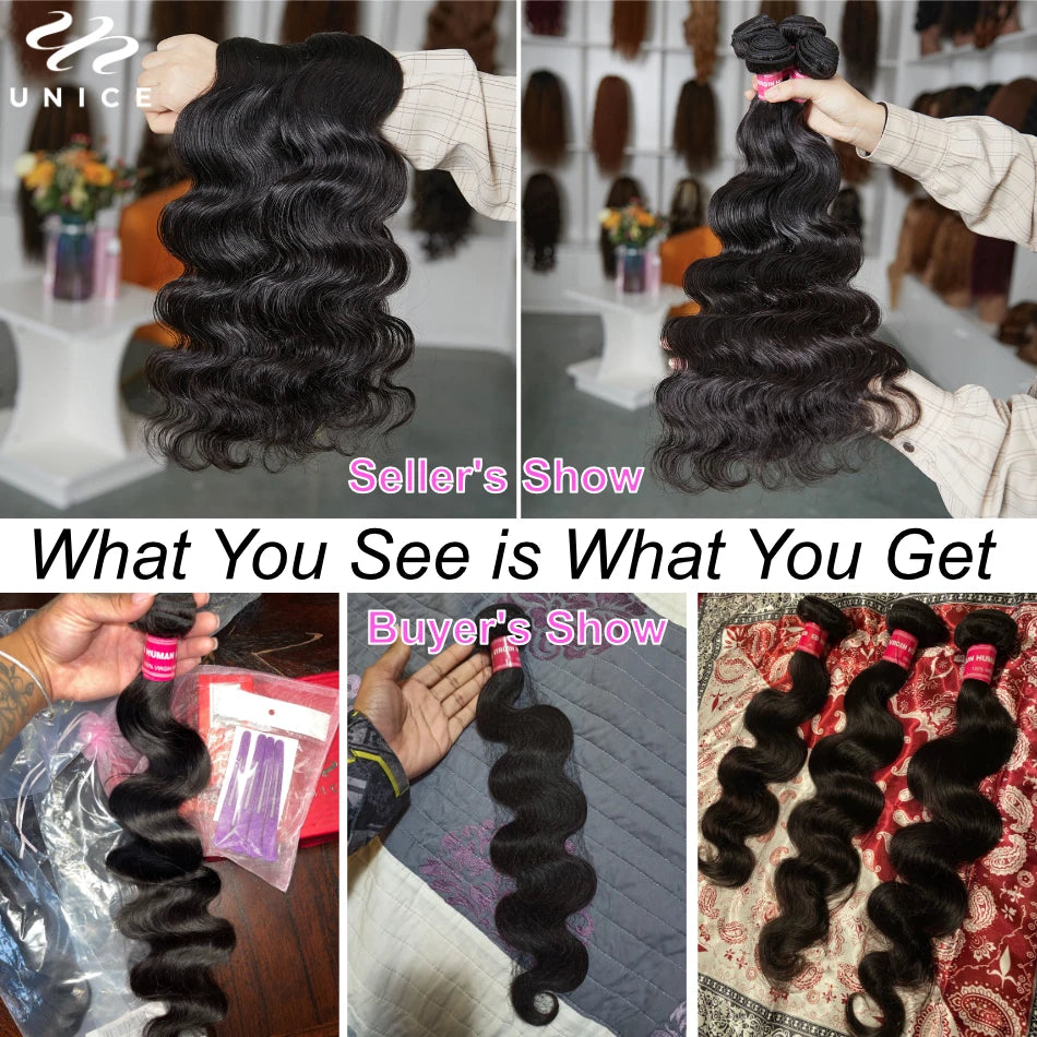 UNICE Hair Body Wave Bundles With 5X5 HD Lace Closure Human Hair Bundles With 4X4 Lace Closure 8-30 Inch Human Hair Weave Bundle