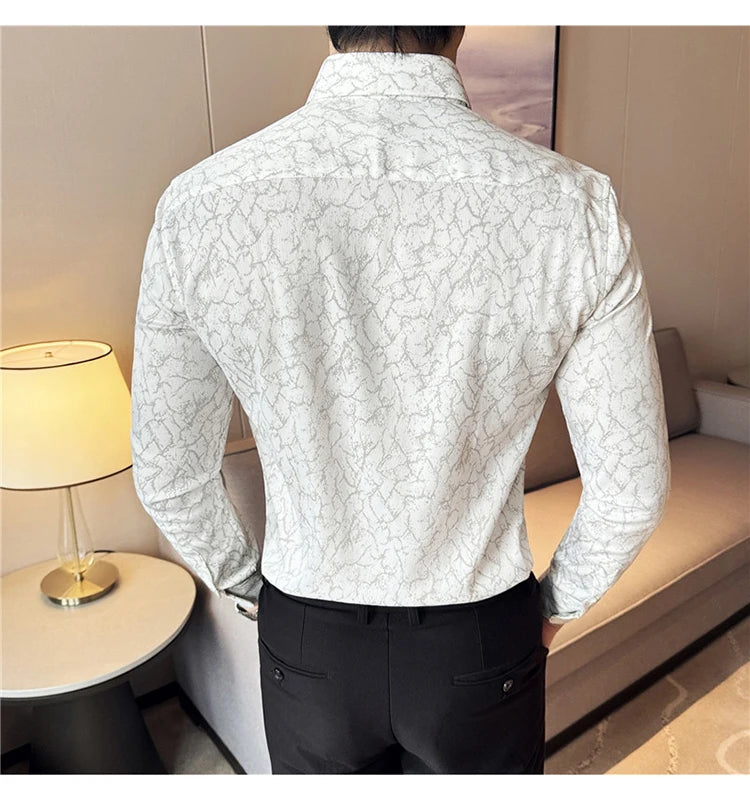 Men Dress Shirt 2024 Solid Casual Long Sleeve Slim Fit Print Shirt Fashion Formal Social Banquet Tuxedo Wedding Men Clothing