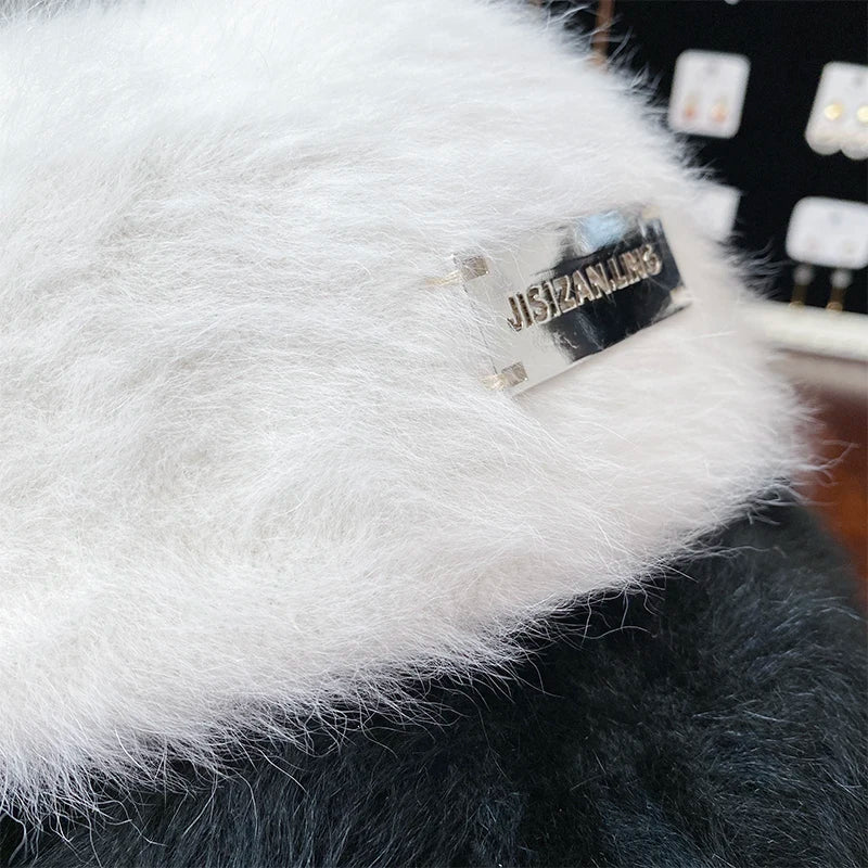 Rabbit Fur Beret Women's Autumn And Winter Korean Version Fashionable Versatile Iron Logo Reverse Wearing Plush Forward Hat