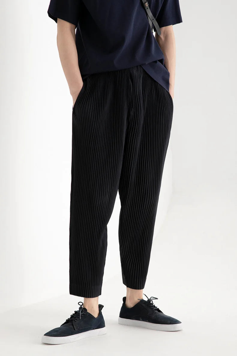 Pleats Pleated Commuter Pants Men's 2024 Autumn New Draped Elastic Trousers Casual Japanese Men Solid Color Nine Minute Pants
