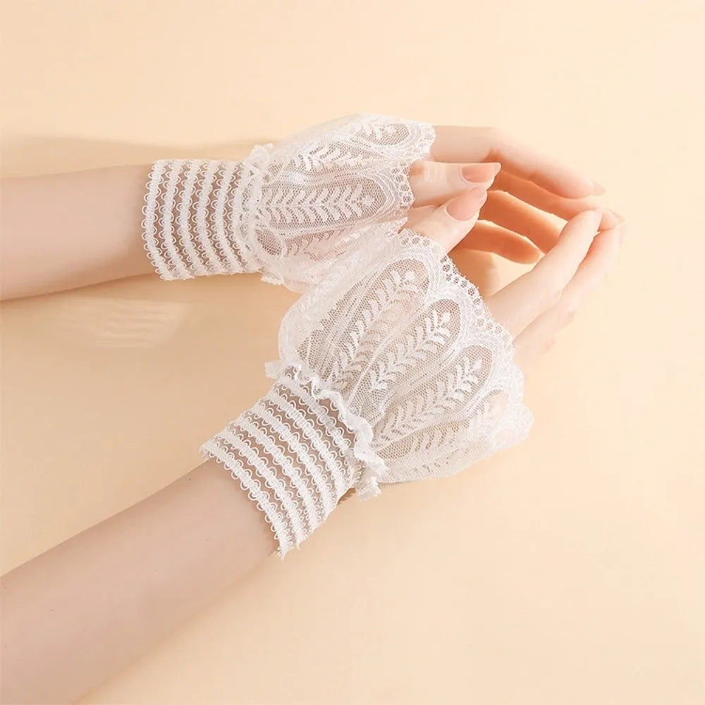 1 Pair Versatile Elegant Fake Cuffs Embroidery Pattern Detachable Lace Sleeves Solid Color Thin False Cuffs For Women