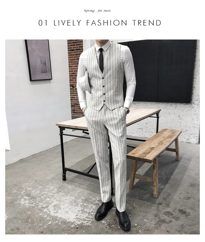 2025 New Burgundy Navy Plaid Casual Suit Pants for Men, Beige/Blue Vertical Stripe Non-Iron Slim Small Leg Work Trousers Men