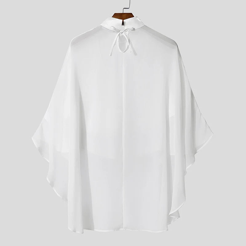 INCERUN Men Irregular T Shirt Solid Color Chiffon Turtleneck Ruffle Male Tee Tops Streetwear Loose Fashion Casual Men Clothing