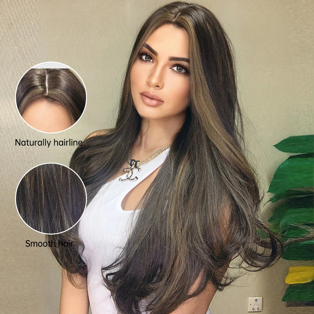 ALAN EATON Long Wave Dark Brown Synthetic Wigs for Black Women Middle Parted Wigs with Highlights Cosplay Hair Heat Resistant